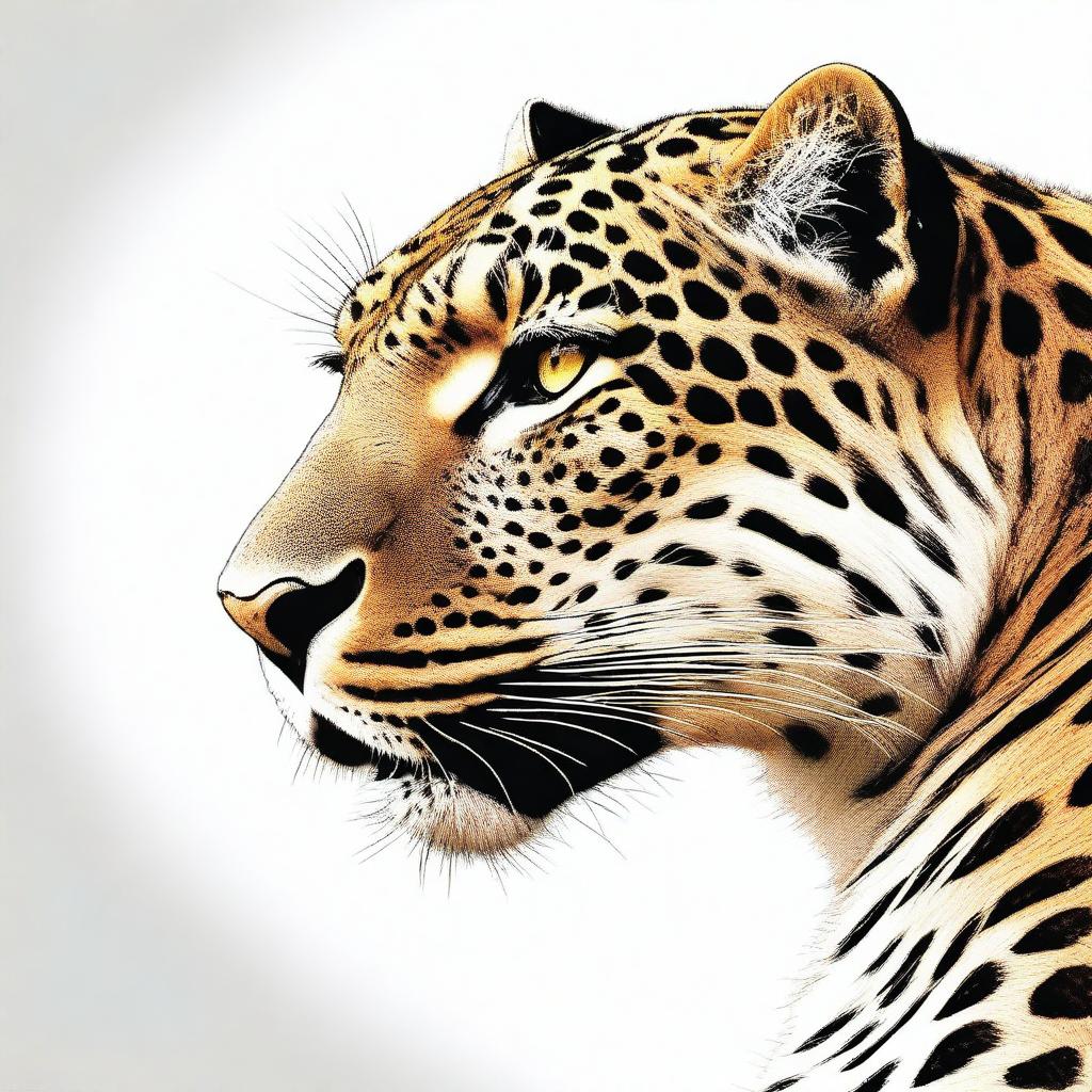 A highest quality, realistic digital art illustration of a full-bodied leopard, lying down and roaring, set against a pure white background