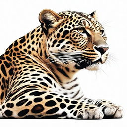 A highest quality, realistic digital art illustration of a full-bodied leopard, lying down and roaring, set against a pure white background