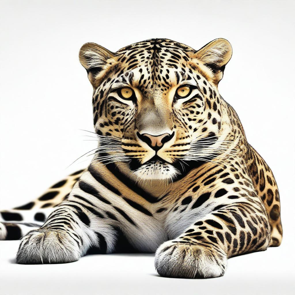 A highest quality, realistic digital art illustration of a full-bodied leopard, lying down and roaring, set against a pure white background