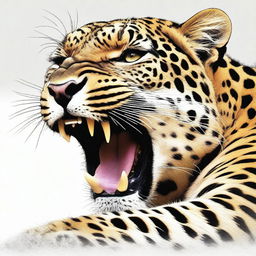 A highest quality, realistic digital art illustration of a full-bodied leopard, lying down and roaring, set against a pure white background