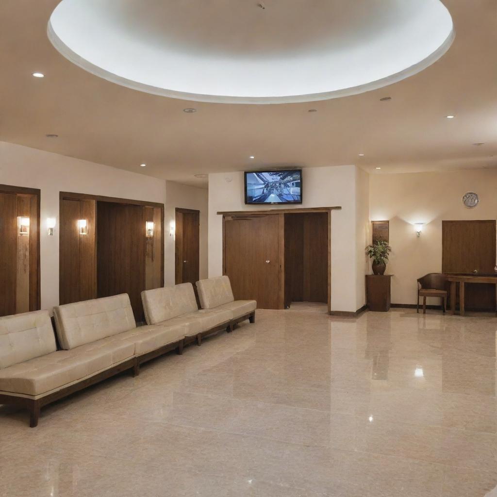 An interior view of a well-secured hotel featuring advanced CCTV surveillance system mounted strategically for guest safety.