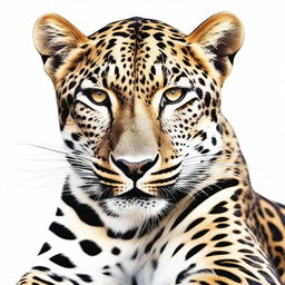 A top-notch, realistic digital art illustration showcasing a full-bodied leopard, lying down and roaring, on a pristine white background