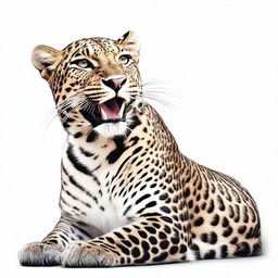 A top-notch, realistic digital art illustration showcasing a full-bodied leopard, lying down and roaring, on a pristine white background