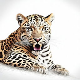 A top-notch, realistic digital art illustration showcasing a full-bodied leopard, lying down and roaring, on a pristine white background