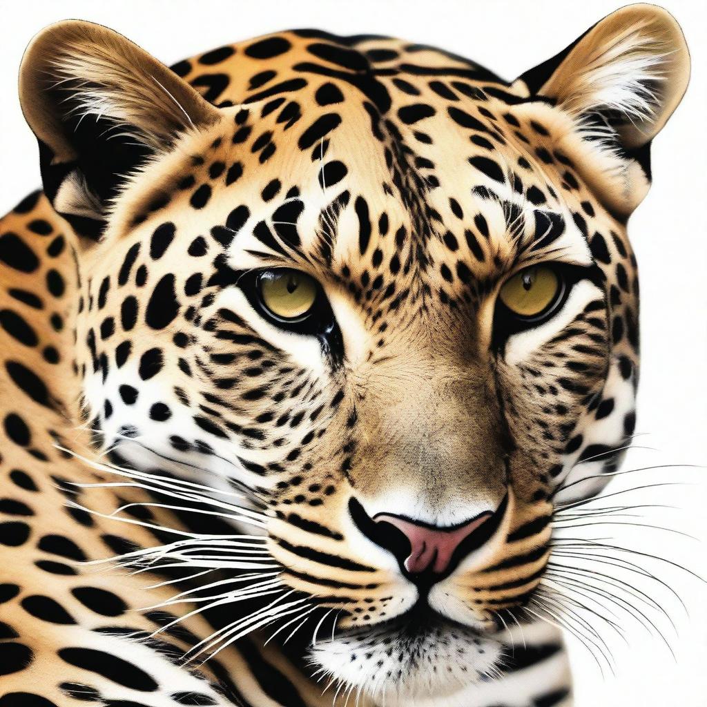 A top-notch, realistic digital art illustration showcasing a full-bodied leopard, lying down and roaring, on a pristine white background