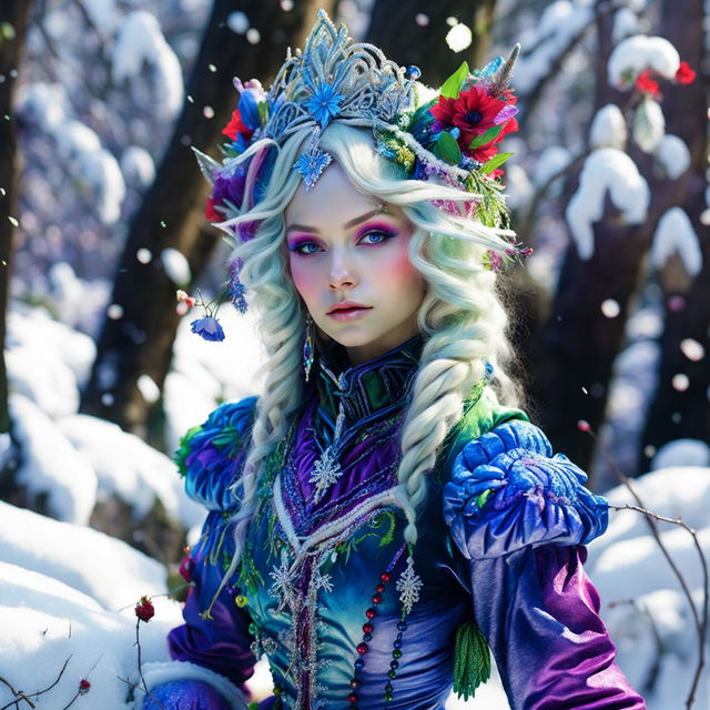 A hyper-realistic 3D photograph of a Rococo-styled snow elf in a vibrant, snow-covered forest. The image is a close-up, capturing every detail in high definition and exuding a sense of fantasy and enchantment.