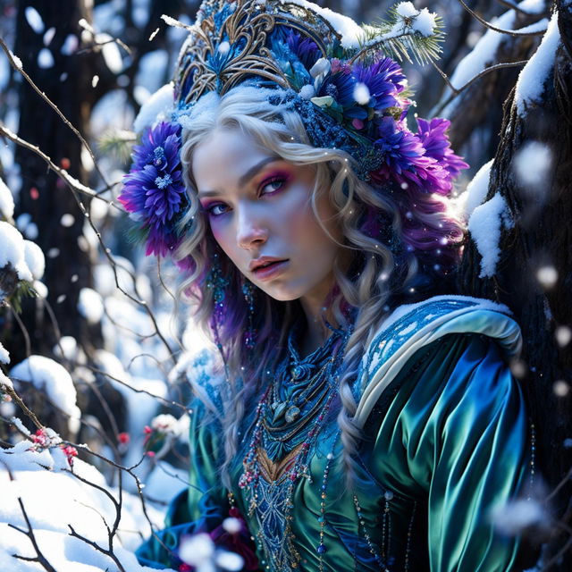 A Rococo-styled snow elf in a vibrant, snow-covered forest, captured in a hyper-realistic 3D photograph. The image is a close-up, capturing every detail in high definition and exuding a sense of fantasy and enchantment.