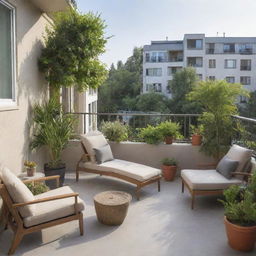 A tranquil scene showcasing a spacious balcony, adorned with comfortable seating and plants, overlooking a peaceful neighborhood.