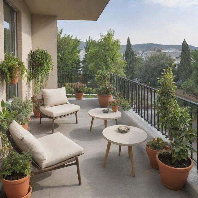 A tranquil scene showcasing a spacious balcony, adorned with comfortable seating and plants, overlooking a peaceful neighborhood.