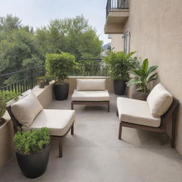 A tranquil scene showcasing a spacious balcony, adorned with comfortable seating and plants, overlooking a peaceful neighborhood.