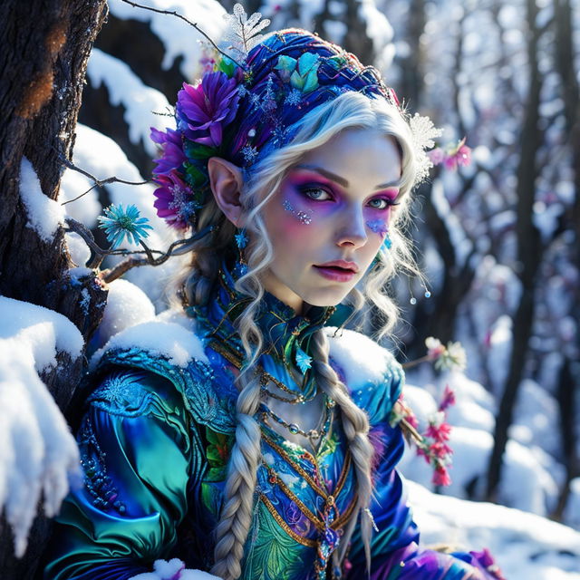 A Rococo-styled snow elf in a new position within a vibrant, snow-covered forest, captured in a hyper-realistic 3D photograph. The image is a close-up, capturing every detail in high definition and exuding a sense of fantasy and enchantment.