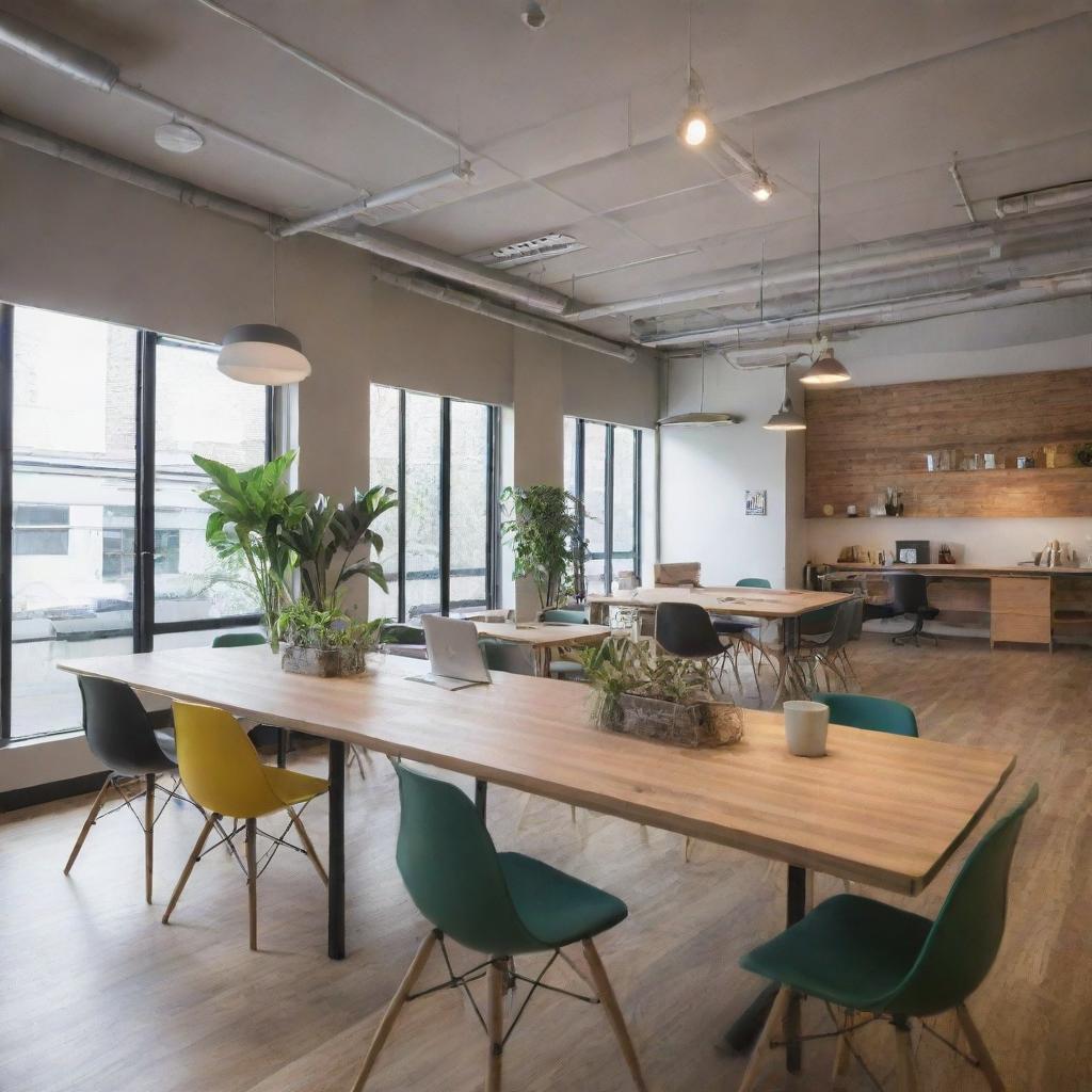 An energized, vibrant coworking space equipped with modern furniture, abundant natural light, and communal areas designed for collaboration and creativity.