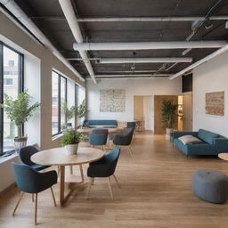 An energized, vibrant coworking space equipped with modern furniture, abundant natural light, and communal areas designed for collaboration and creativity.