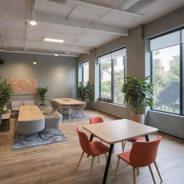 An energized, vibrant coworking space equipped with modern furniture, abundant natural light, and communal areas designed for collaboration and creativity.