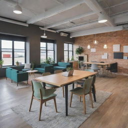 An energized, vibrant coworking space equipped with modern furniture, abundant natural light, and communal areas designed for collaboration and creativity.