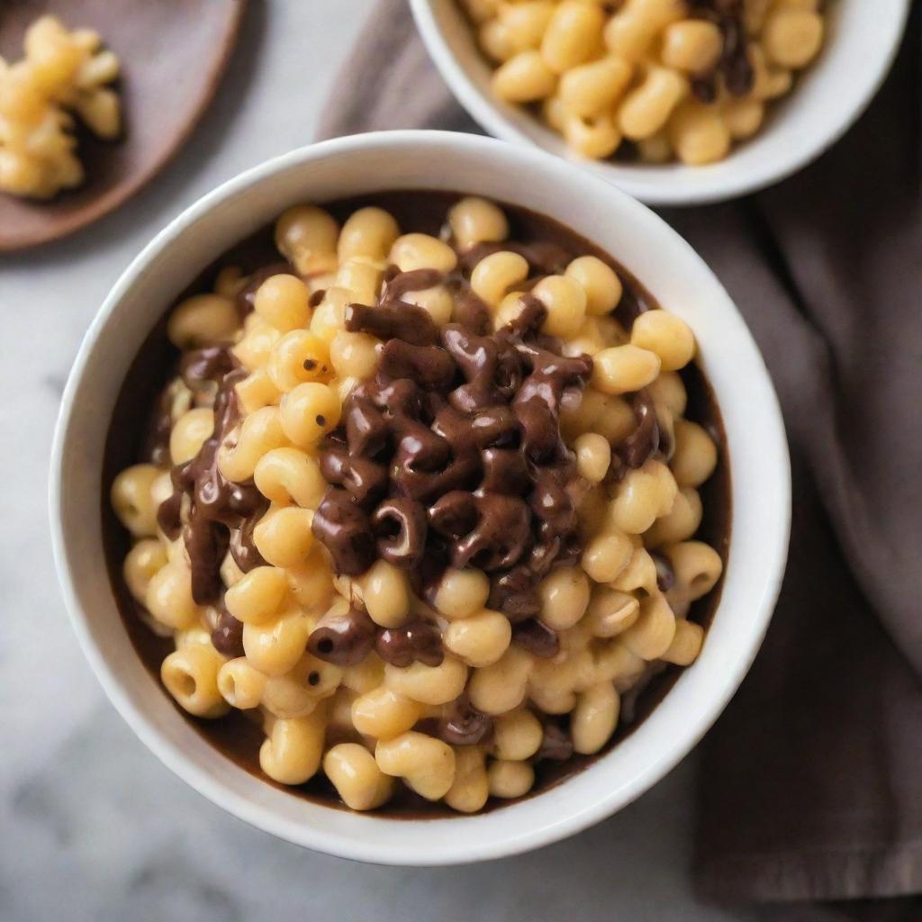 A bowl of macaroni and cheese artfully drizzled with rich, glossy chocolate