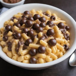 A bowl of macaroni and cheese artfully drizzled with rich, glossy chocolate