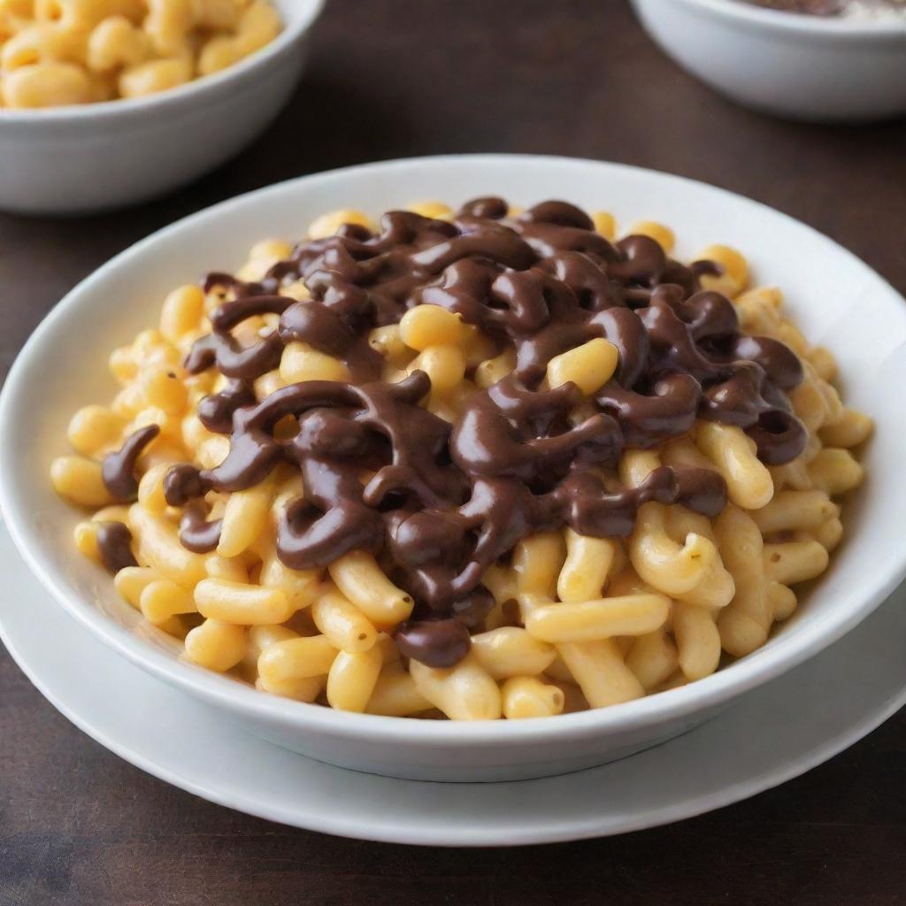 A bowl of macaroni and cheese artfully drizzled with rich, glossy chocolate