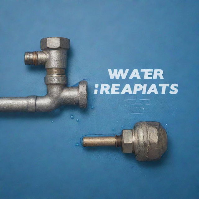 An advertisement for a water repair plumbing service. Make it engaging with a visual emphasis on pipes, water droplets, a wrench, and trustworthy professionals at work.