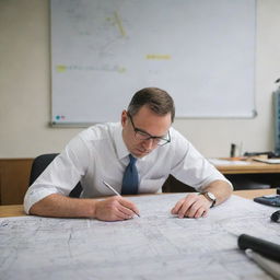 An image of a focused engineer who is studying a complex roadmap, surrounded by an array of drafting equipment.