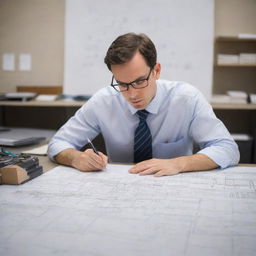 An image of a focused engineer who is studying a complex roadmap, surrounded by an array of drafting equipment.