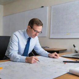 An image of a focused engineer who is studying a complex roadmap, surrounded by an array of drafting equipment.