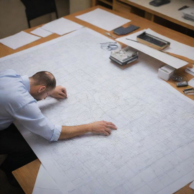 An image of a focused engineer who is studying a complex roadmap, surrounded by an array of drafting equipment.