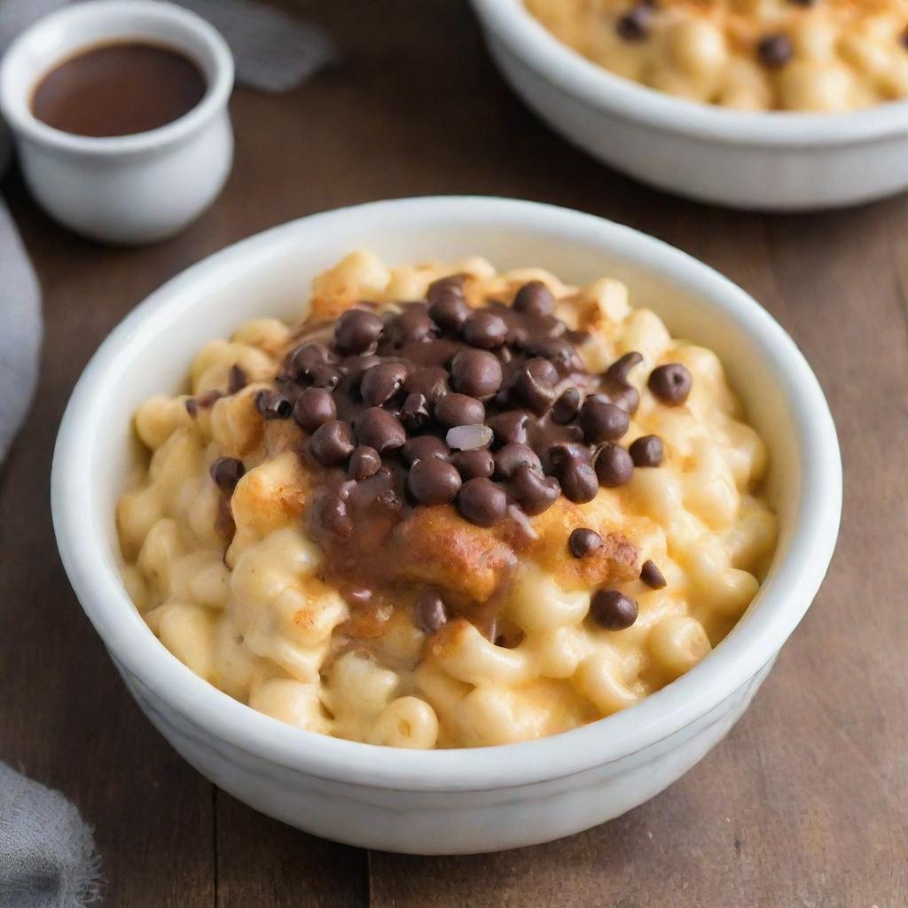 A bowl of creamy macaroni and cheese topped with a generous extra layer of melted cheese and delicately drizzled with smooth chocolate