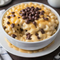 A bowl of creamy macaroni and cheese topped with a generous extra layer of melted cheese and delicately drizzled with smooth chocolate