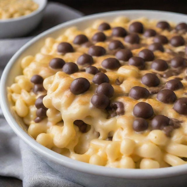 A bowl of creamy macaroni and cheese topped with a generous extra layer of melted cheese and delicately drizzled with smooth chocolate