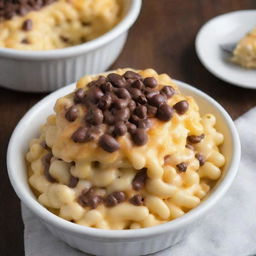 A bowl of creamy macaroni and cheese topped with a generous extra layer of melted cheese and delicately drizzled with smooth chocolate