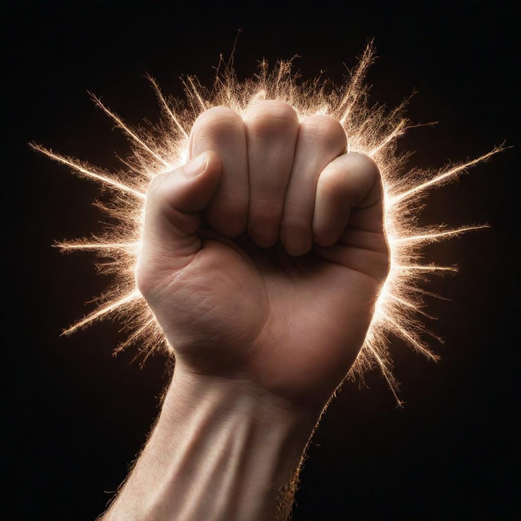 A clenched fist emanating a brilliant energy. Illuminated sparks fly from the hand, suggestive of immense power.