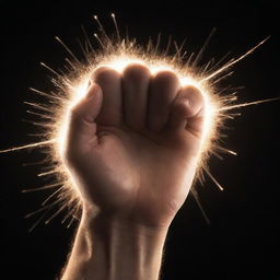 A clenched fist emanating a brilliant energy. Illuminated sparks fly from the hand, suggestive of immense power.