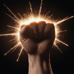 A clenched fist emanating a brilliant energy. Illuminated sparks fly from the hand, suggestive of immense power.