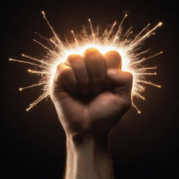 A clenched fist emanating a brilliant energy. Illuminated sparks fly from the hand, suggestive of immense power.