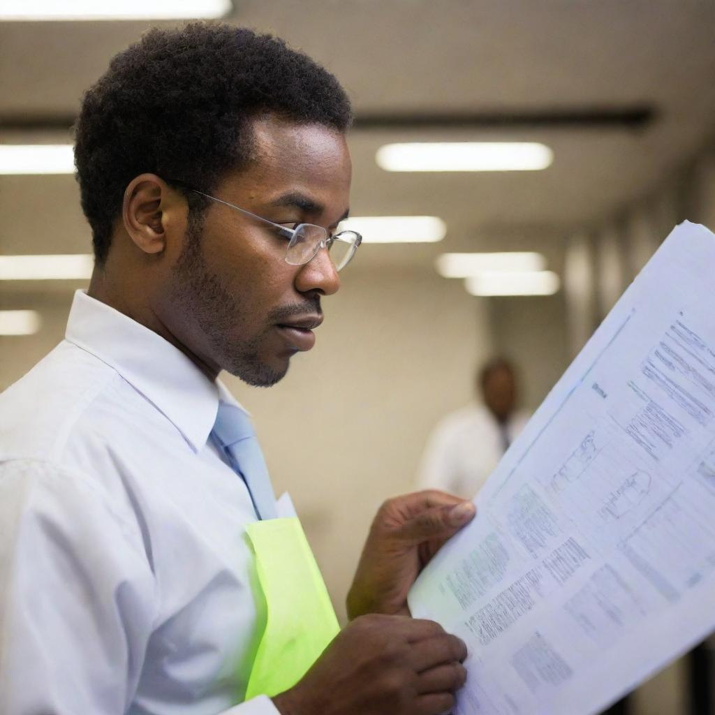 An image of an African American engineer in standstill, deeply engrossed in reading a technical plan.