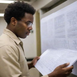 An image of an African American engineer in standstill, deeply engrossed in reading a technical plan.