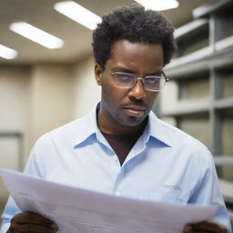 An image of an African American engineer in standstill, deeply engrossed in reading a technical plan.