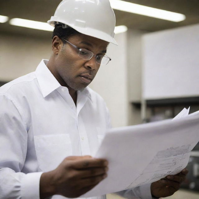 An image of an African American engineer in standstill, deeply engrossed in reading a technical plan.