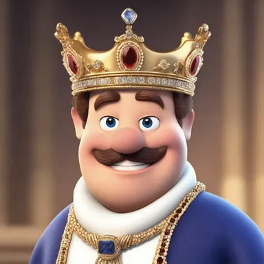 The cartoon character wore a clinquant crown that sparkled brilliantly, adding a touch of regal glamour to his appearance.