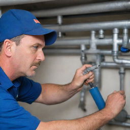 A professional Santer plumber at work, fixing a pipe with a wrench. He is wearing a blue uniform with a name tag, surrounded by an array of plumbing tools.