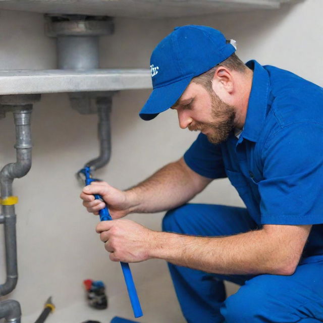 A professional Santer plumber at work, fixing a pipe with a wrench. He is wearing a blue uniform with a name tag, surrounded by an array of plumbing tools.