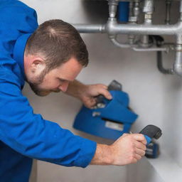 A professional Santer plumber at work, fixing a pipe with a wrench. He is wearing a blue uniform with a name tag, surrounded by an array of plumbing tools.