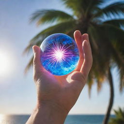 A close-up of an individual's hand with a vibrant, pulsating energy orb hovering over the palm, the surrounding atmosphere crackling with raw power.