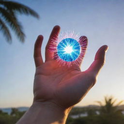 A close-up of an individual's hand with a vibrant, pulsating energy orb hovering over the palm, the surrounding atmosphere crackling with raw power.