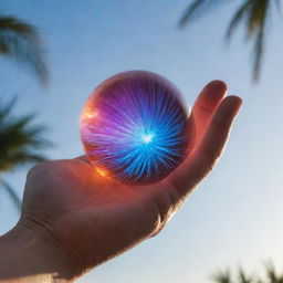 A close-up of an individual's hand with a vibrant, pulsating energy orb hovering over the palm, the surrounding atmosphere crackling with raw power.