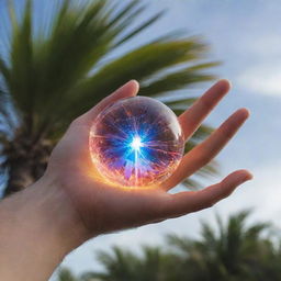 A close-up of an individual's hand with a vibrant, pulsating energy orb hovering over the palm, the surrounding atmosphere crackling with raw power.