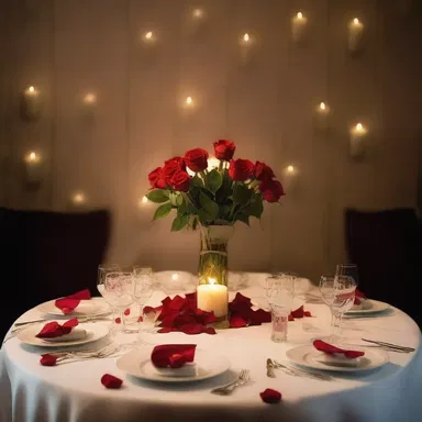 The arrangement of candles and rose petals in the dimly lit room set a romantic mood for their anniversary dinner.