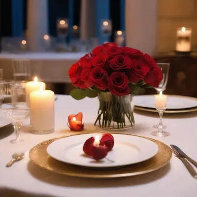 The candlelit dinner had a romantic arrangement of roses and soft music playing in the background.