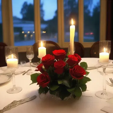 The candlelit dinner had a romantic arrangement of roses and soft music playing in the background.